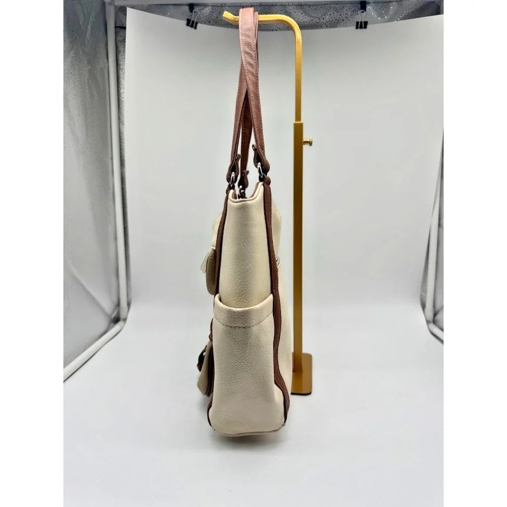 MultiSac Women Shoulder Bag Beige Brown Faux Leather Large Tote Zip Pockets